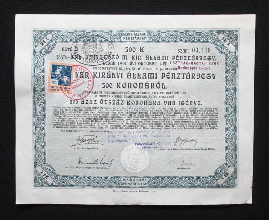 Magyar Kirlyi llami Pnztrjegy 500 korona 1916